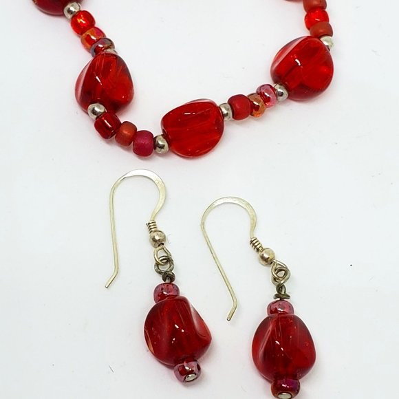 Bold Ruby Red Glass Bead Stretch Bracelet & Dangle Earrings in Sterling Silver - Picture 6 of 8